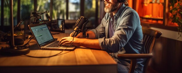 Photo une photo panoramique d'un homme mûr utilisant un smartphone tout en enregistrant un podcast dans un studio génératif.