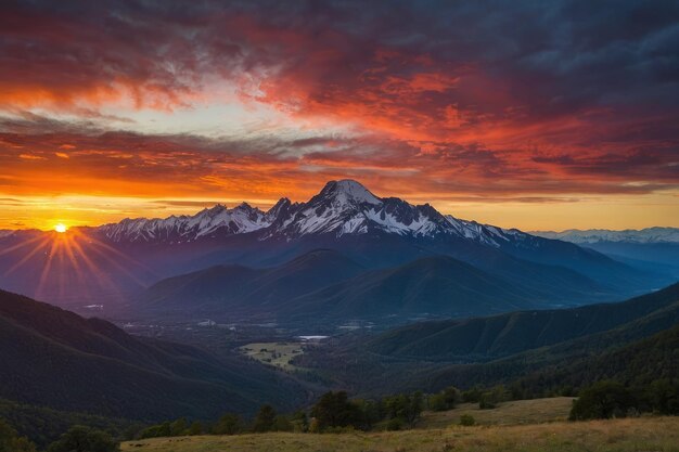 une photo panoramique d'un lever de soleil vibrant au-dessus d'une chaîne de montagnes tranquille