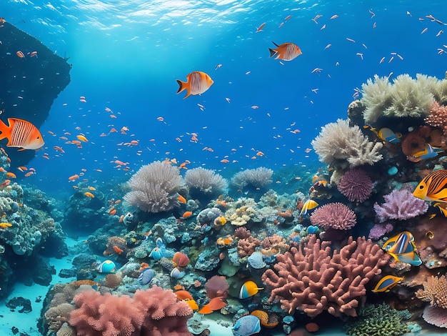 Une photo panoramique d'un récif de corail vibrant regorgeant de vie marine