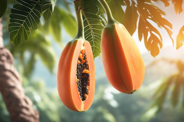 photo d'une papaye attachée à une branche avec un fond flou