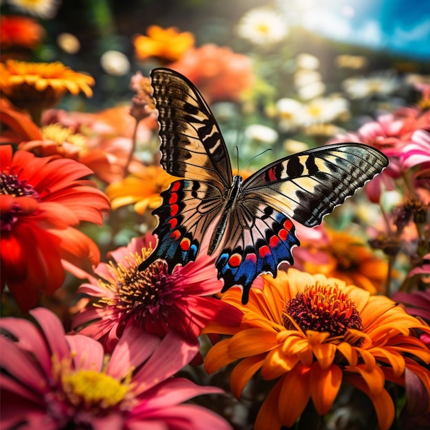 photo d'un papillon parmi des fleurs colorées