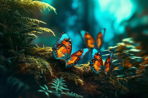 Photo une photo de papillons dans une forêt avec un fond bleu.