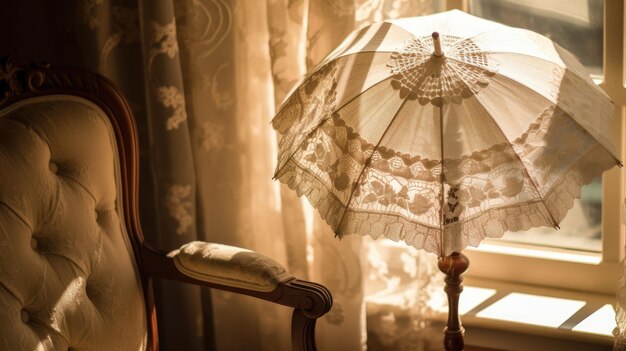 Une photo d'un parapluie en dentelle vintage drapé sur une chaise