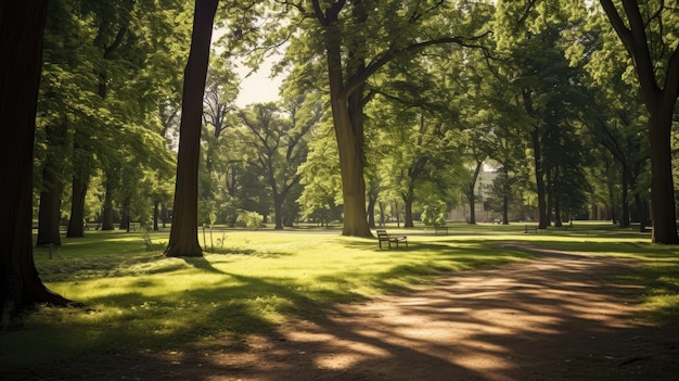 Une photo d'un parc au milieu de l'après-midi avec un soleil intense et des ombres profondes