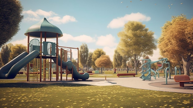 Une photo d'un parc communautaire de banlieue avec une aire de jeux