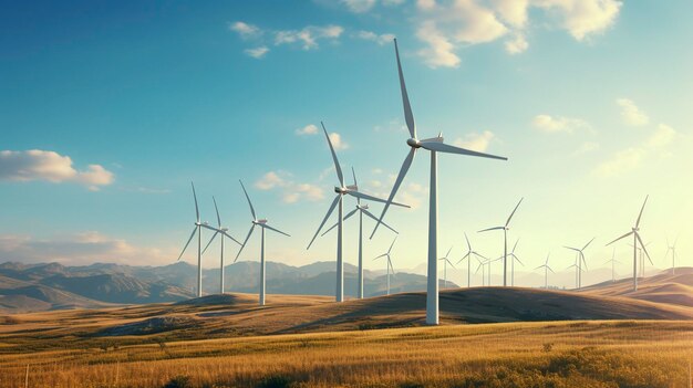 Une photo d'un parc éolien avec des turbines en rotation