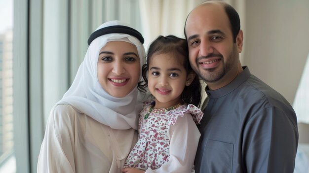 Photo une photo de parents arabes heureux posant avec leur petite fille.