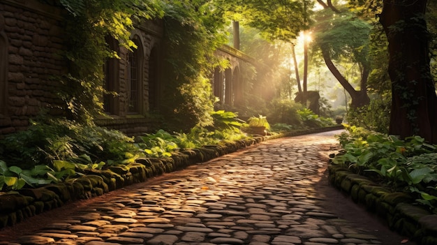 Une photo d'une passerelle pavée de verdure luxuriante de chaque côté