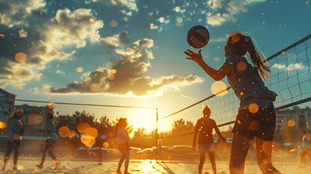 Photo une photo passionnante d'un adolescent avec tdah jouant au volley-ball avec ses amis montrant l'inclusion de l'équipe.