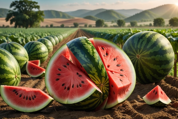 photo d'une pastèque attachée à une terre agricole avec un fond flou