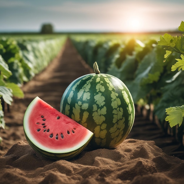 photo d'une pastèque attachée à une terre agricole avec un fond flou