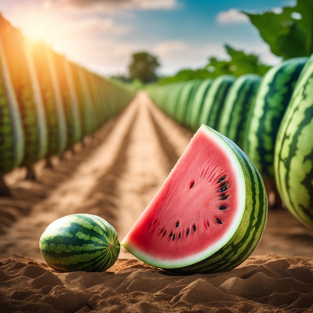 photo d'une pastèque attachée à une terre agricole avec un fond flou