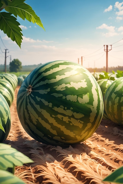 photo d'une pastèque attachée à une terre agricole avec un fond flou