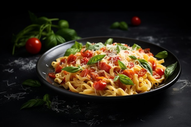 Photo de pâtes avec des tomates et du basilic sur un fond gris