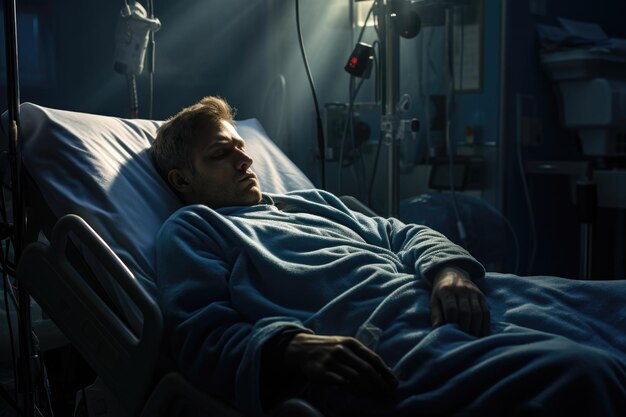 Photo d'un patient assoupi dans un lit d'hôpital