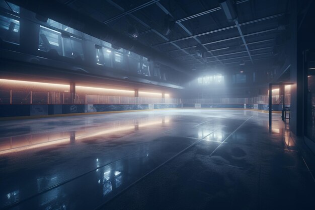 Une photo d'une patinoire de hockey avec les lumières allumées.