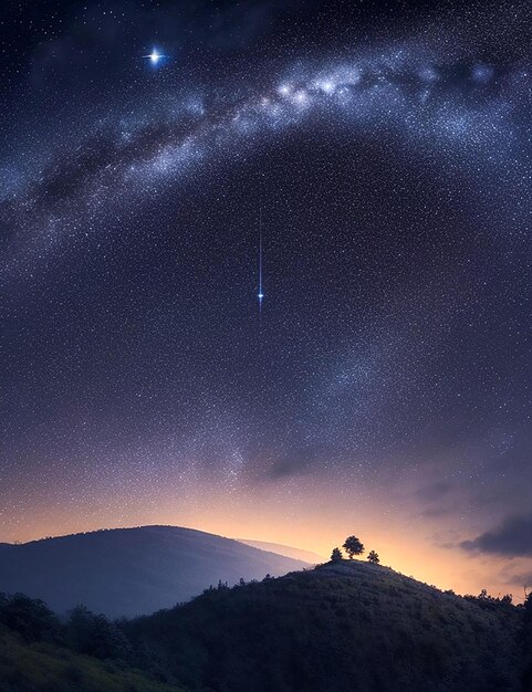 Photo paysage 3D avec silhouette d'arbre sur un ciel spatial nocturne générée par l'IA