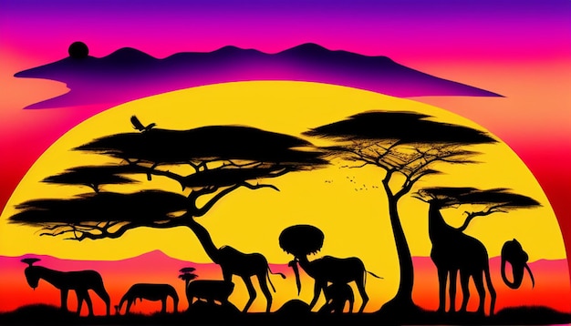 Photo paysage africain avec la silhouette de nombreux animaux au coucher du soleil