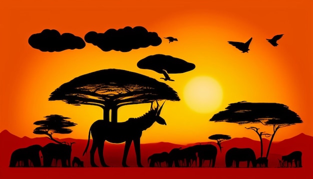 Photo paysage africain avec la silhouette de nombreux animaux au coucher du soleil