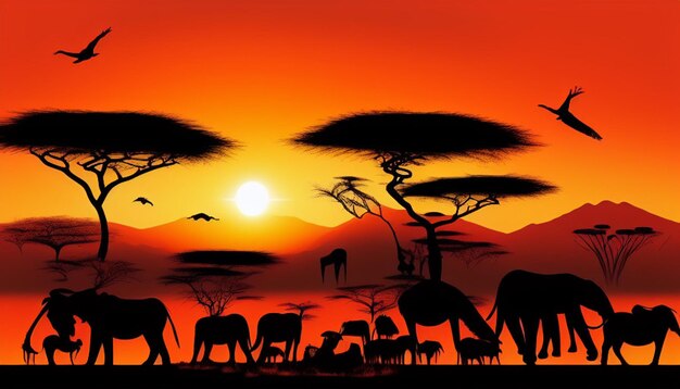 Photo paysage africain avec la silhouette de nombreux animaux au coucher du soleil