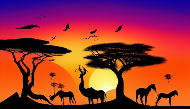 Photo paysage africain avec la silhouette de nombreux animaux au coucher du soleil