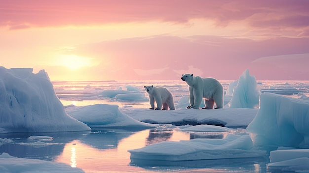 Photo une photo d'un paysage arctique avec des icebergs en train de donner naissance à une silhouette d'ours polaire en arrière-plan