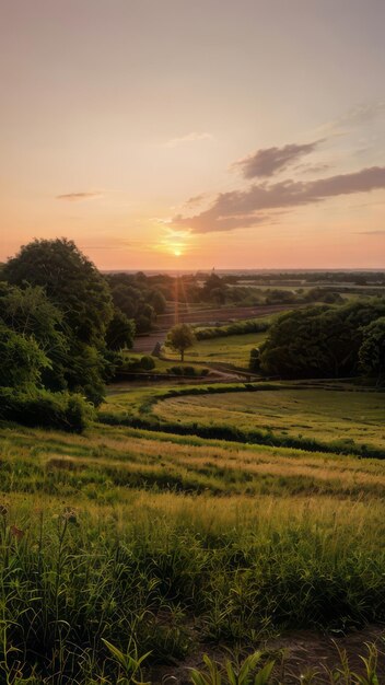 Photo photo de paysage au lever du soleil d'un champ avec des arbres