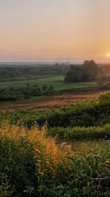 photo de paysage au lever du soleil d'un champ avec des arbres