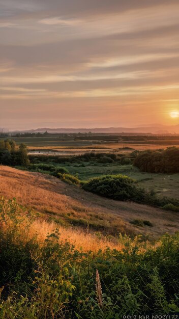 Photo photo de paysage au lever du soleil d'un champ avec des arbres