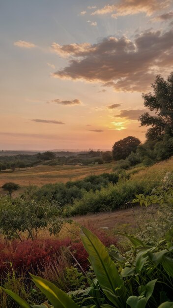 photo de paysage au lever du soleil d'un champ avec des arbres