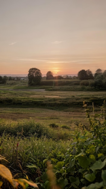 photo de paysage au lever du soleil d'un champ avec des arbres