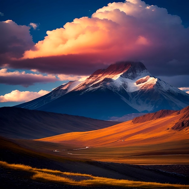 Photo d'un paysage coloré avec une montagne et un ciel avec des nuages générés par ai
