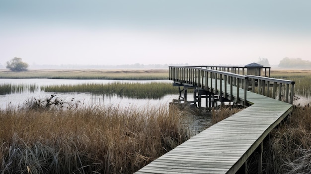 Une photo d'un paysage de delta avec une plate-forme d'observation en bois, des zones humides remplies d'oiseaux