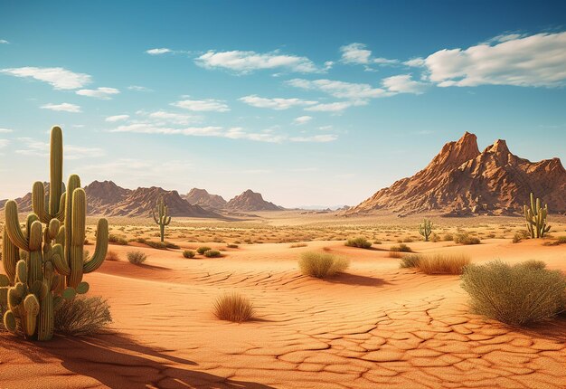 Photo d'un paysage désertique à la lumière du soleil avec des plantes de cactus