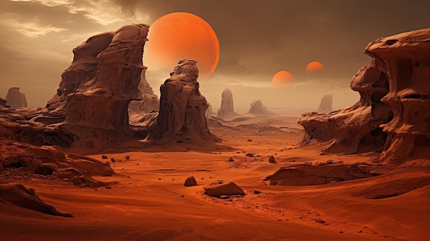 Une photo d'un paysage désertique sci-fi de formations rocheuses extraterrestres