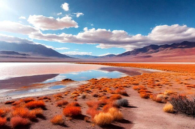 Photo de paysage du lac Laguna Colorada avec une végétation sèche à l'arrière-plan des Andes paysage vi