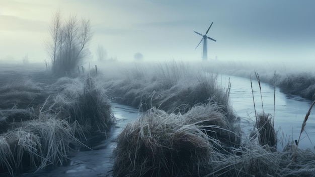 Une photo d'un paysage de fen avec un marais couvert de brouillard et des moulins à vent éloignés