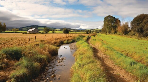 Une photo d'un paysage de ferme pittoresque avec une rivière ou un ruisseau