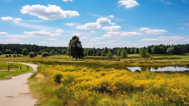 Une photo d'un paysage de landes avec un groupe de fleurs sauvages et un soleil brillant