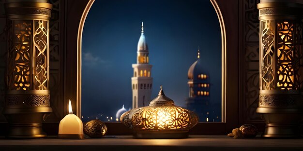 Photo photo de paysage d'une lanterne islamique avec une mosquée en arrière-plan pour l'eid ul fitr et le ramadan mubarak