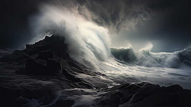 Une photo d'un paysage marin orageux avec un éclairage dramatique en gris foncé