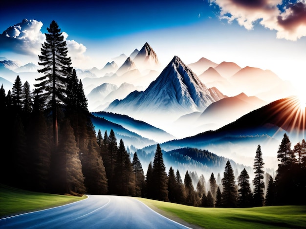 Photo d'un paysage de montagne avec une route avec une montagne en arrière-plan