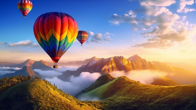 Photo paysage de montgolfières dans le brouillard du matin avec le lever du soleil des montagnes