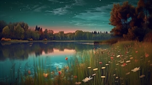 La photo de paysage montre une scène naturelle nocturne avec une lune de récolte se levant au-dessus d'un lac étincelant et de belles fleurs de bouleaux et un fantastique art numérique de galaxie en 3D GENERATE AI