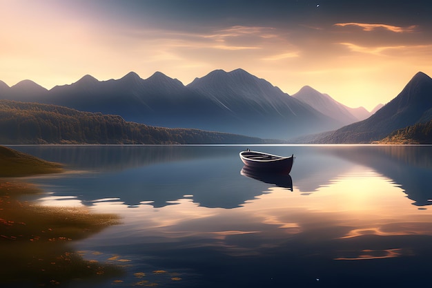 Photo une photo d'un paysage de nature paisible la nuit avec un lac de montagne en arrière-plan et un soleil doux