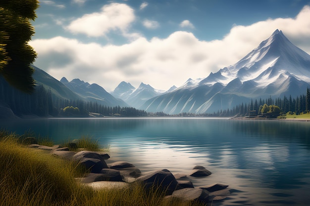 Une photo d'un paysage naturel paisible avec un lac de montagne en arrière-plan sous la douce lumière du soleil