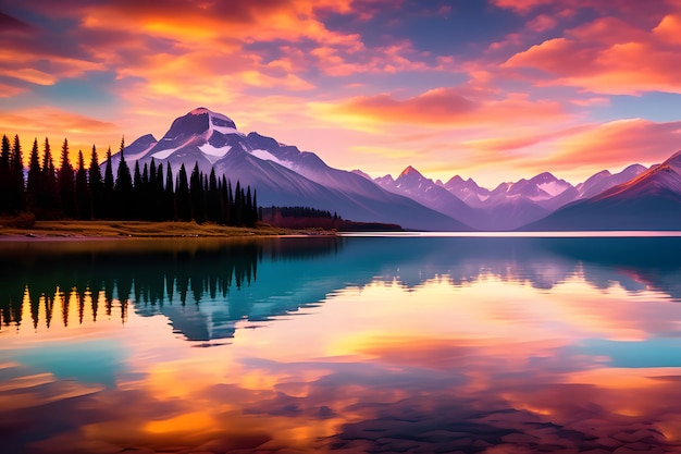 Photo une photo d'un paysage naturel paisible avec un lac de montagne en arrière-plan sous la douce lumière du soleil