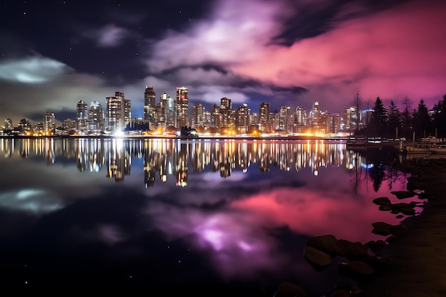 Photo d'un paysage nocturne éblouissant de l'horizon urbain