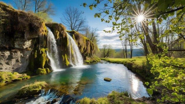 Une photo de paysage d'une petite cascade rurale un jour de printemps