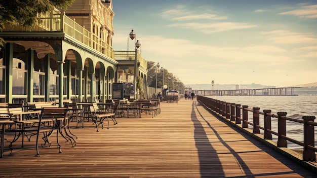 Une photo d'un paysage urbain avec des cafés au bord de l'eau